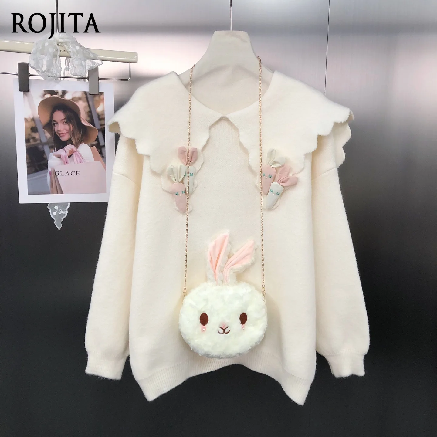 

Sweet Temperament Doll Collar Loose Age-Reducing Soft Girl Pullover Versatile Fashion Knitted Sweater with Bag