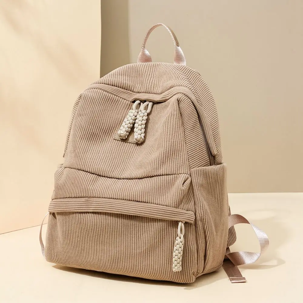 Large Capacity Corduroy Backpack Women Fashion Casual Schoolbag Durable Travel Daypack Soft Lightweight Simple Daily Rucksack