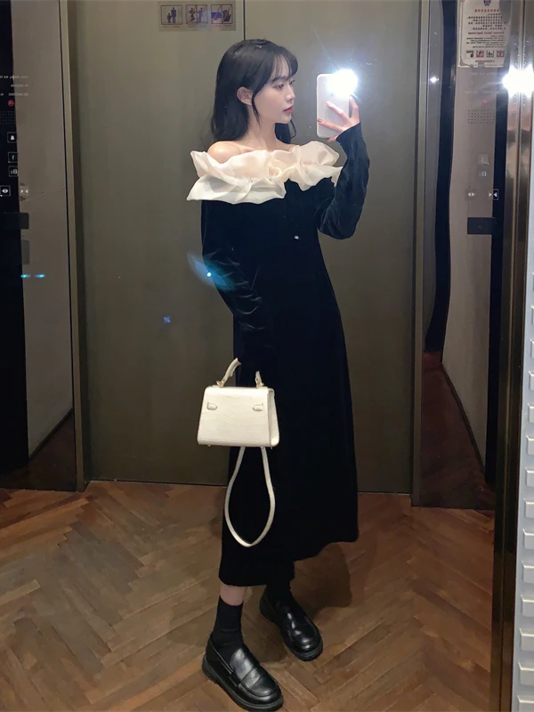 

plus Size Velvet One Shoulder Dress Autumn Winter New Style Waist Cinching Slimming Design Splice Little Black Dress Commute ...