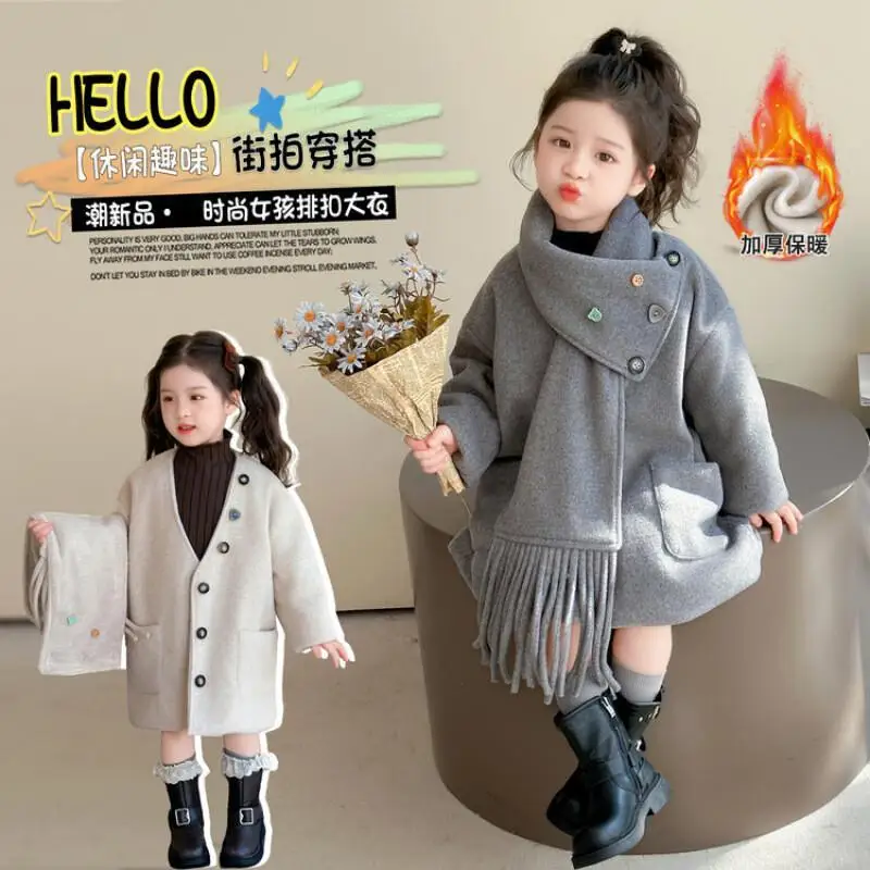 Hot Wool Woolen Mid-Length Coat 2025 Autumn Winter New Children's Double Sided Cashmere Scarf Girls Tops Korean Clothes Kids Fur