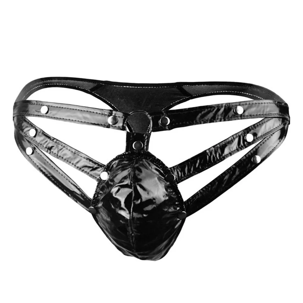 

Knicker Bras Bra Briefs Underwear Underpants Men's Artificial Leather T Back Ring Thong Briefs Sexy Black Underwear
