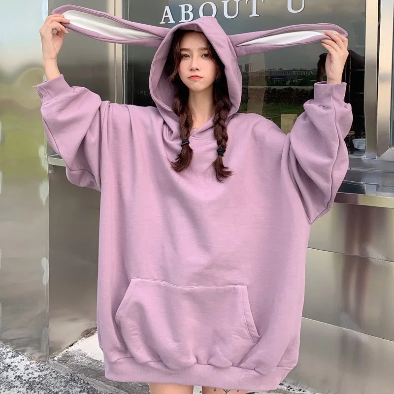 2024 New Autumn Kawaii Bunny Ear Long Sleeve Hooded Sweatshirt Women Sweet Lovely Rabbit Ear Hooded Tops Korean Style Fashion