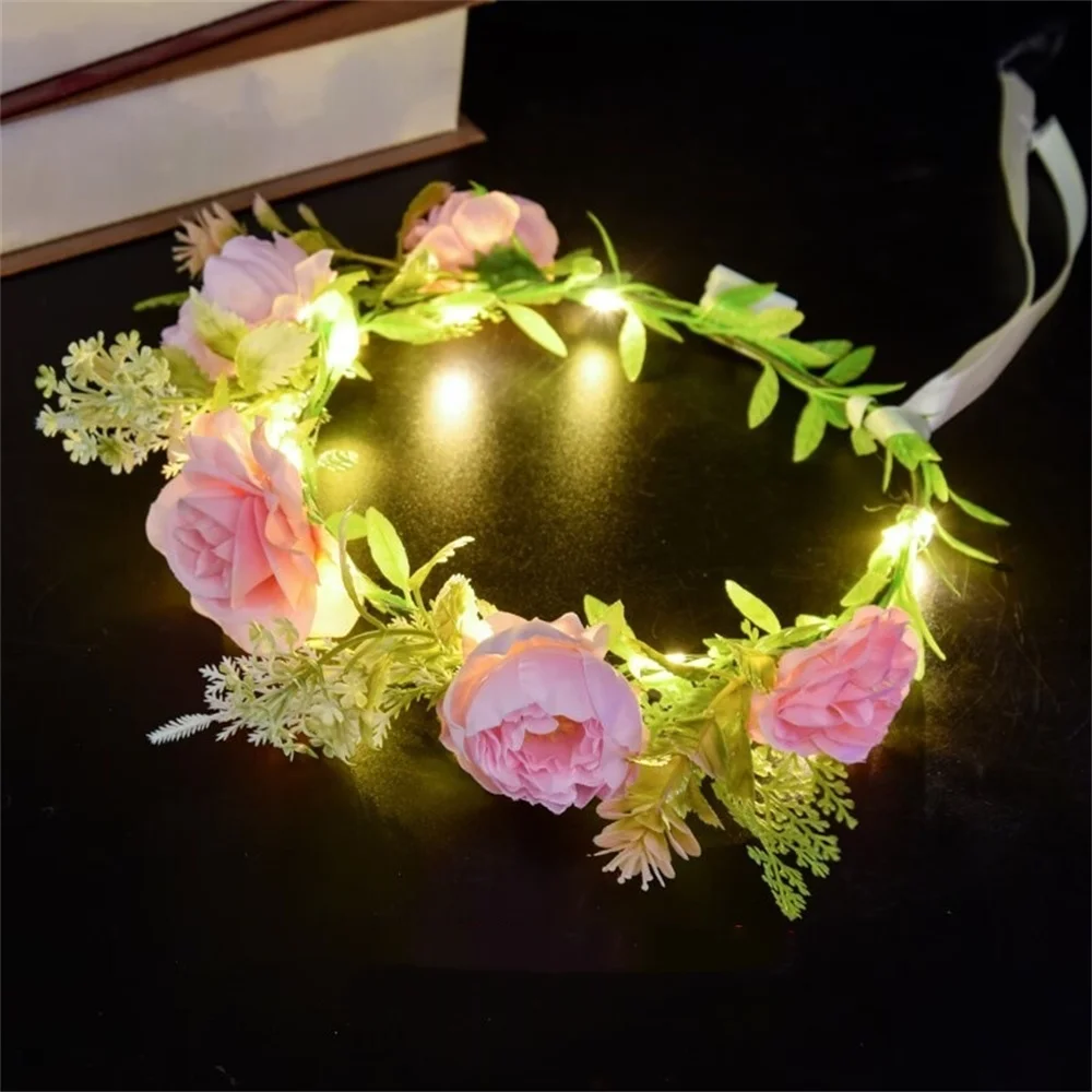 Wedding Party LED Light Flowers Wreath Headband Garland Hairbands Crown Headdress Girl Birthday Favor Luminous Hair Accessories