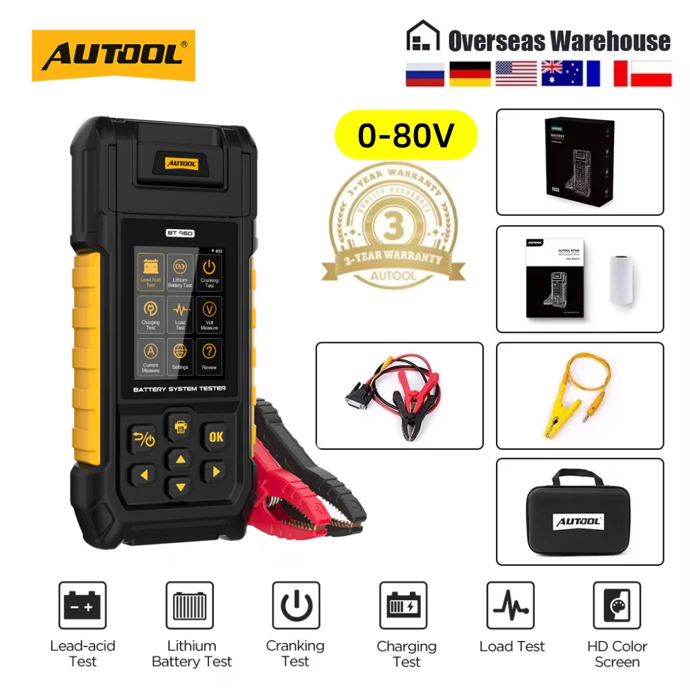 Image of BT960 Autobatterietester für Blei-Säure- und Lithium-Batterien mit Drucker, 30-2000 CCA, Automobil-Batterie-Lasttester, Test des Start- und Ladesystems, Leckagetest für Motorrad, Auto, LKW, Wohnmobil,