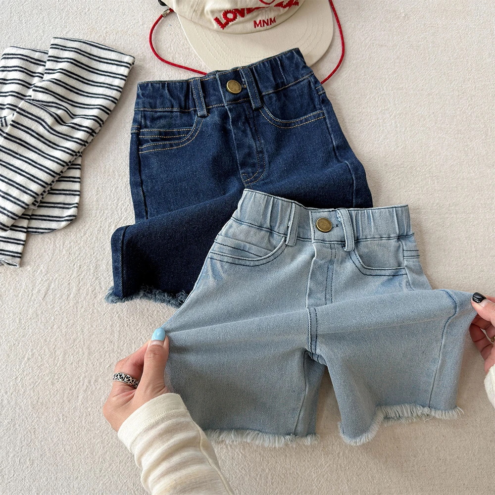Kids Light Blue Denim Shorts Summer Boys Girls Casual Jeans Shorts Toddler Children Clothes Elastic Waist Frayed Hem Hot Pants