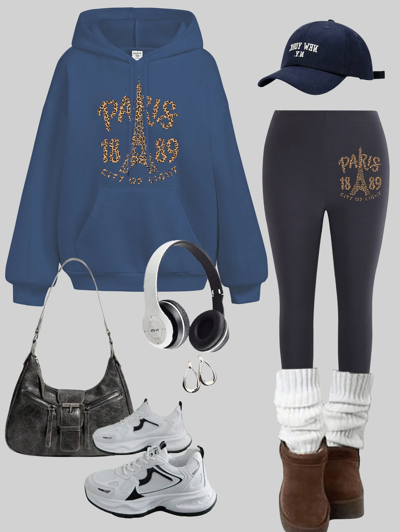 Conjunto de sudaderas con capucha con estampado de ciudad de luz de París para mujer, pantalón elástico Y2K, jersey grueso cómodo, conjuntos de mallas de lana para otoño