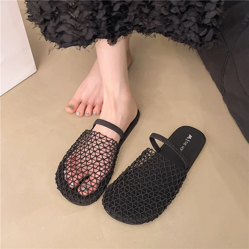 Summer Band Weaving Slip-On Slippers Fashion Round Head Shallow Sandals Party Shoes Casual Comfortable Fishnet Shoes