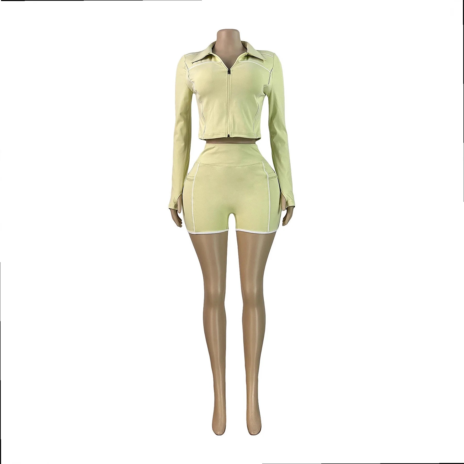 Women's Fashion Zip Thumb Hole Top Shorts Matching Set Jumpsuit Playsuit