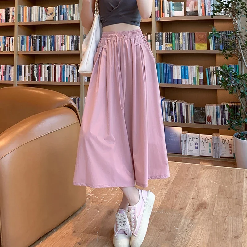 

2025 летние широкие брюки длиной до икры, женские повседневные эластичные свободные брюки с высокой талией, женские однотонные тонкие брюки с карманами