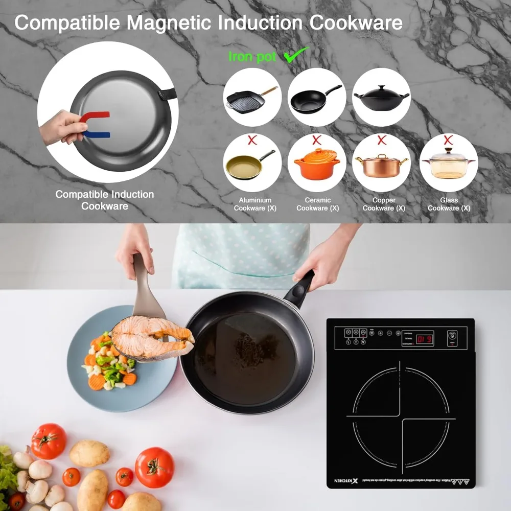 Portable Induction Cooktop 1800W Induction Burner with 12 Temp levels, 9 Power levels, Lock, 3 Hour Timer, Warm Function