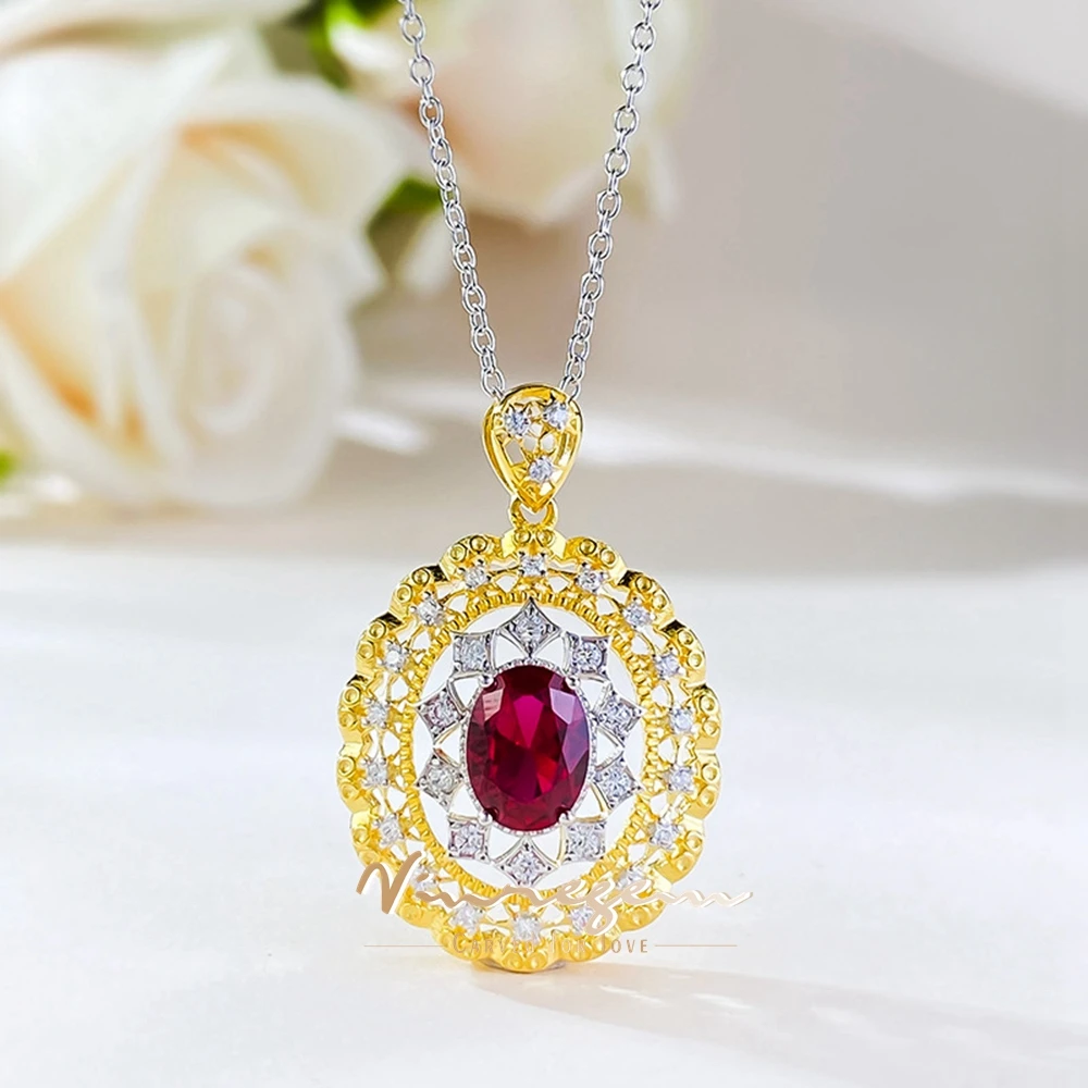 

Vinregem 6*8 MM Oval Cut Ruby High Carbon Diamond Gemstone Vintage Pendant Necklaces for Women 925 Sterling Silver Fine Jewelry