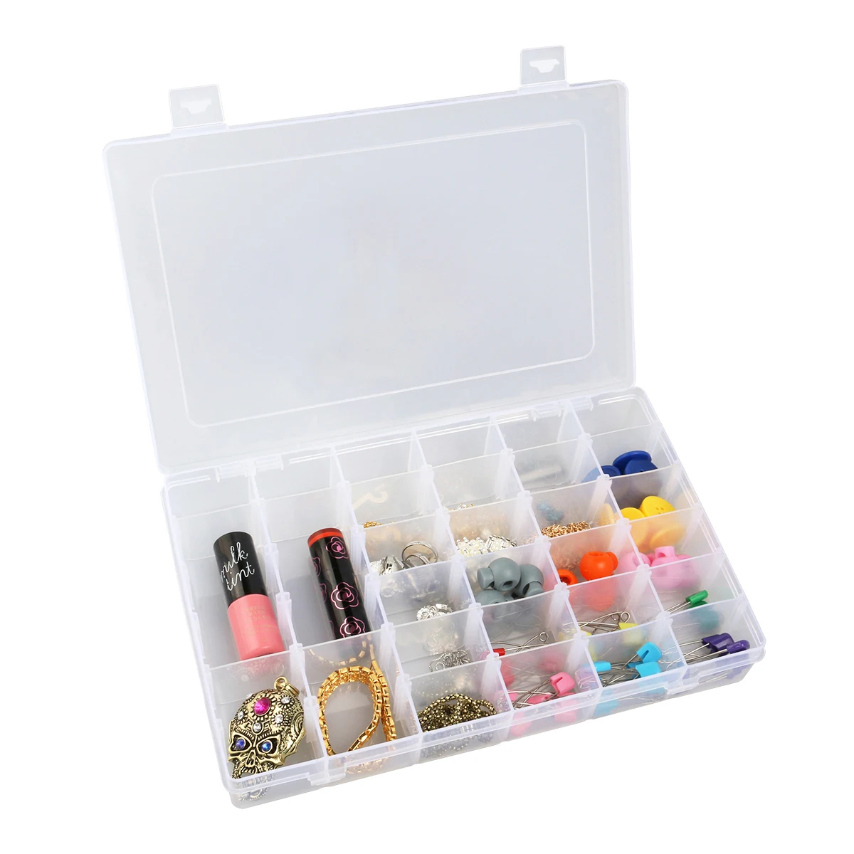 

36 Grid Clear Hard Plastic Storage Box Organizer 27.5x17.8x4.3cm Removable Dividers Jewelry Beads Pill Container