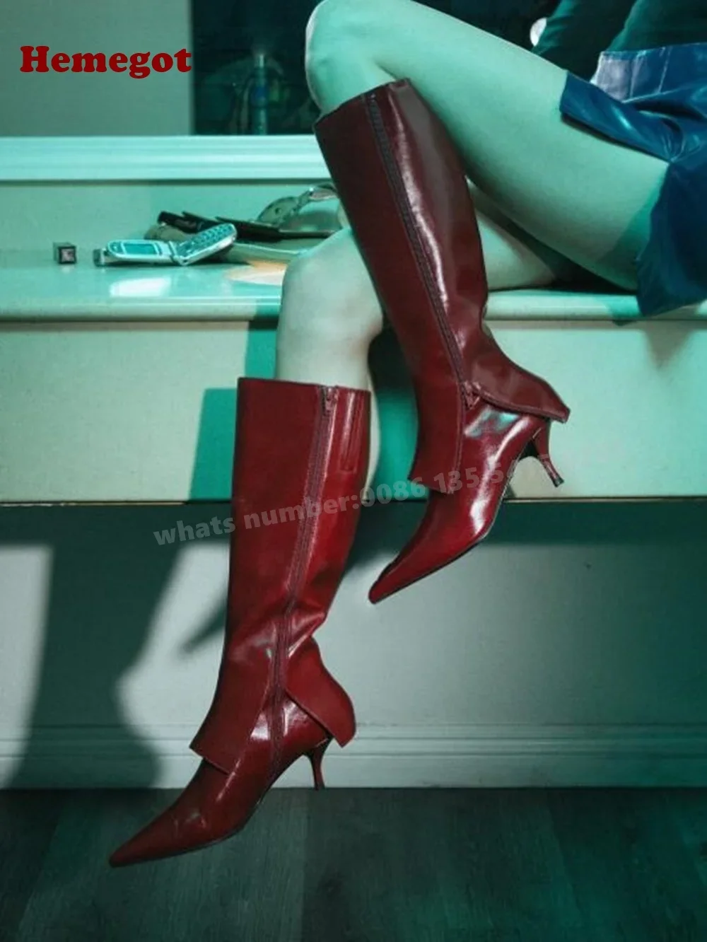 

Бордовые женские сапоги на каблуке «котенок» с острым носком, откидная боковая молния, сапоги до колена на шпильке, однотонная повседневная обувь из глянцевой кожи