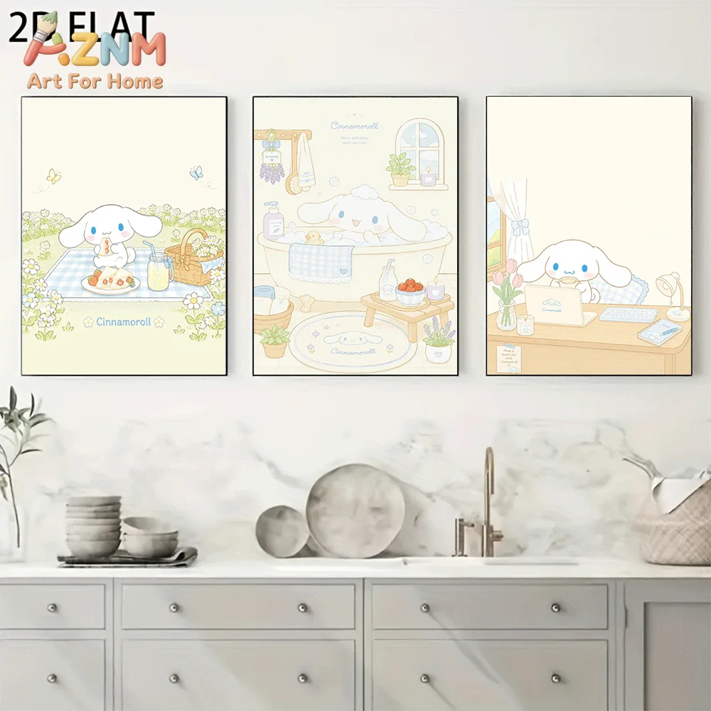 AZNM Cinnamoroll Canvas Wall Art Unframed Cute Cartoon Print Poster Picnic Bathing Study Desk Scene Kawaii Pastel Design for Gir
