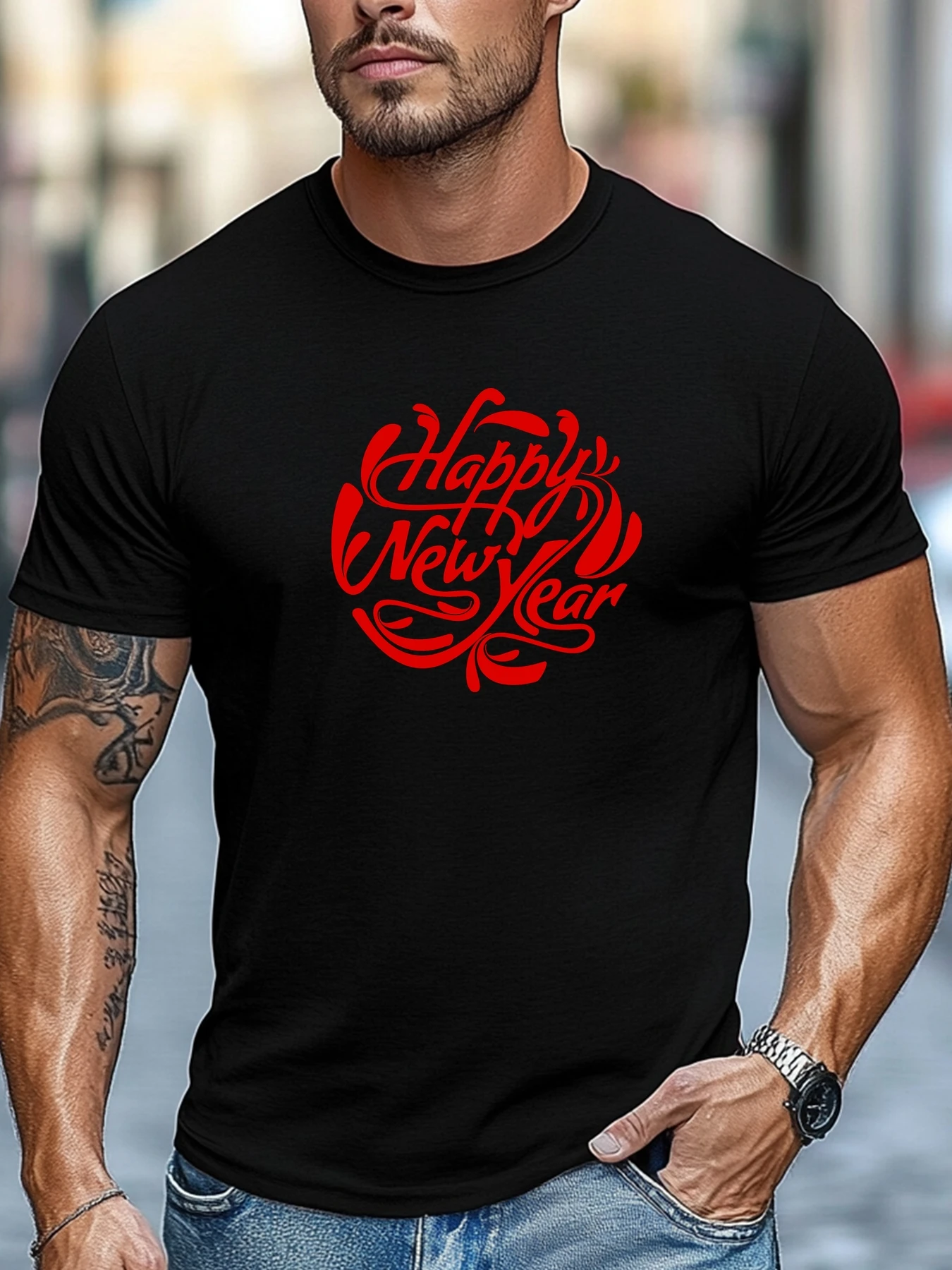

Man short sleeve T-shirt Happy New Year Graphic Summer Soft Comfort Fit Tee Daily Tops