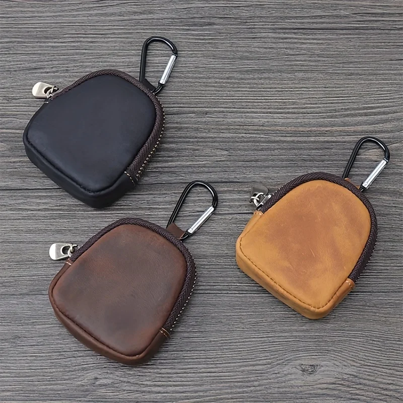 Genuine Leather Coin Purse Retro Small Zipper Pouch for Coins Earphones Accessories 4 Colors, Full Grain Cow Leather