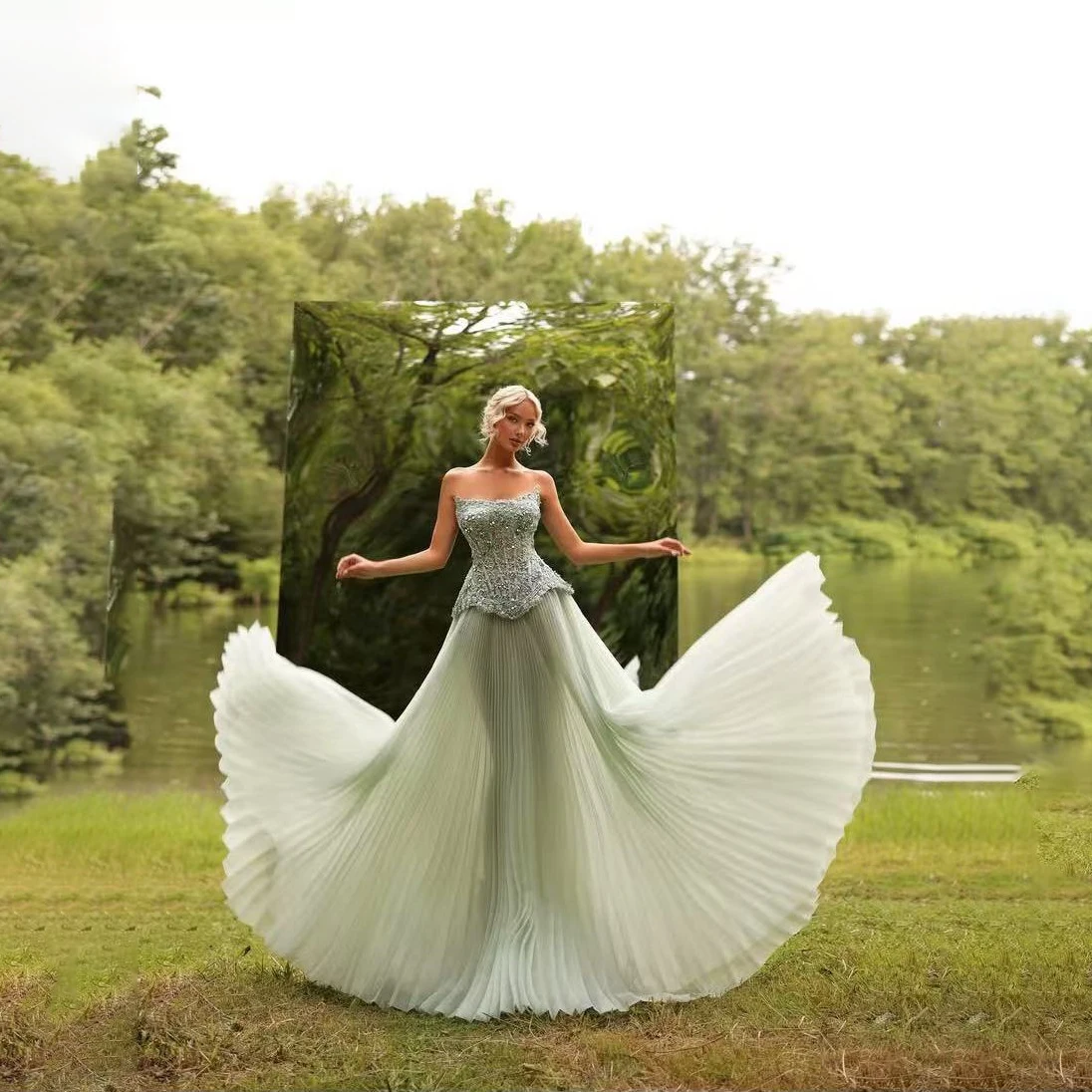 فستان ماكسي مزين بالزهور لافتة للنظر بدون حمالات مطوي باللون الأخضر النعناعي فساتين لحضور الحفلات الموسيقية على شكل حرف A بدون أكتاف مطرز بالخرز فستان حفلات الحدث #1