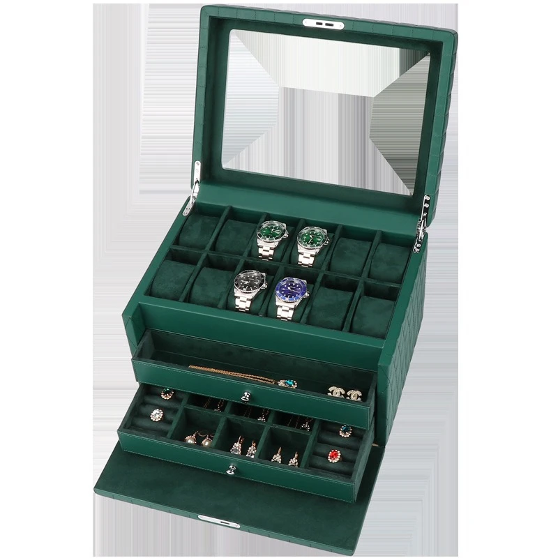 jewelry box, retro green leather three layers, drawer jewelry storage box.