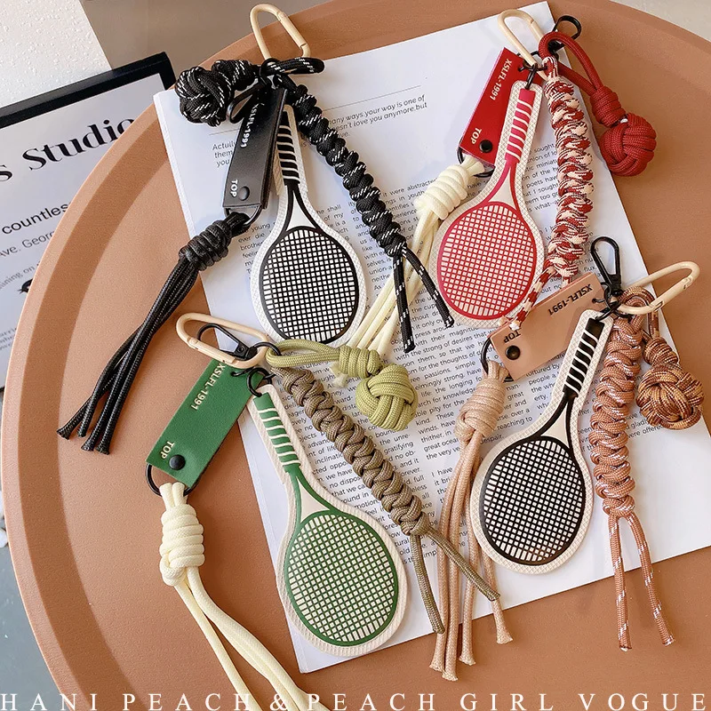 Leather Tennis Racket Car Keychain for Sporty Style Braided Rope Bag Charm Phone Lanyard Lightweight Durable Daily