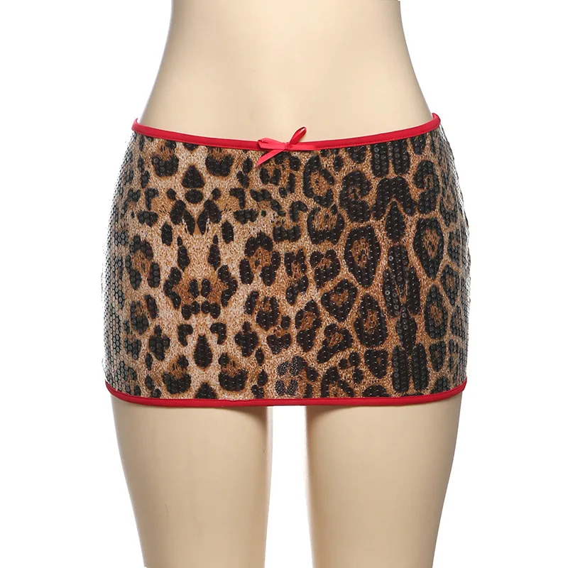 Faldas con estampado de leopardo y lentejuelas brillantes para mujer, minifaldas sexys de cintura baja para fiesta y calle, verano 2025, 2025