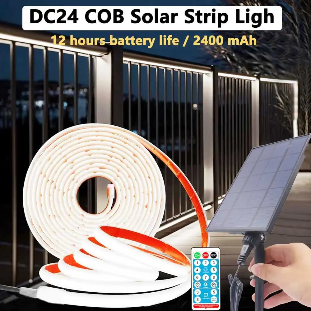 Solar Strip Ligh 24V COB Solar Neon Light Strips Waterproof IP65 Flexible Warm White High Density Linear Lighting COB LED Lights