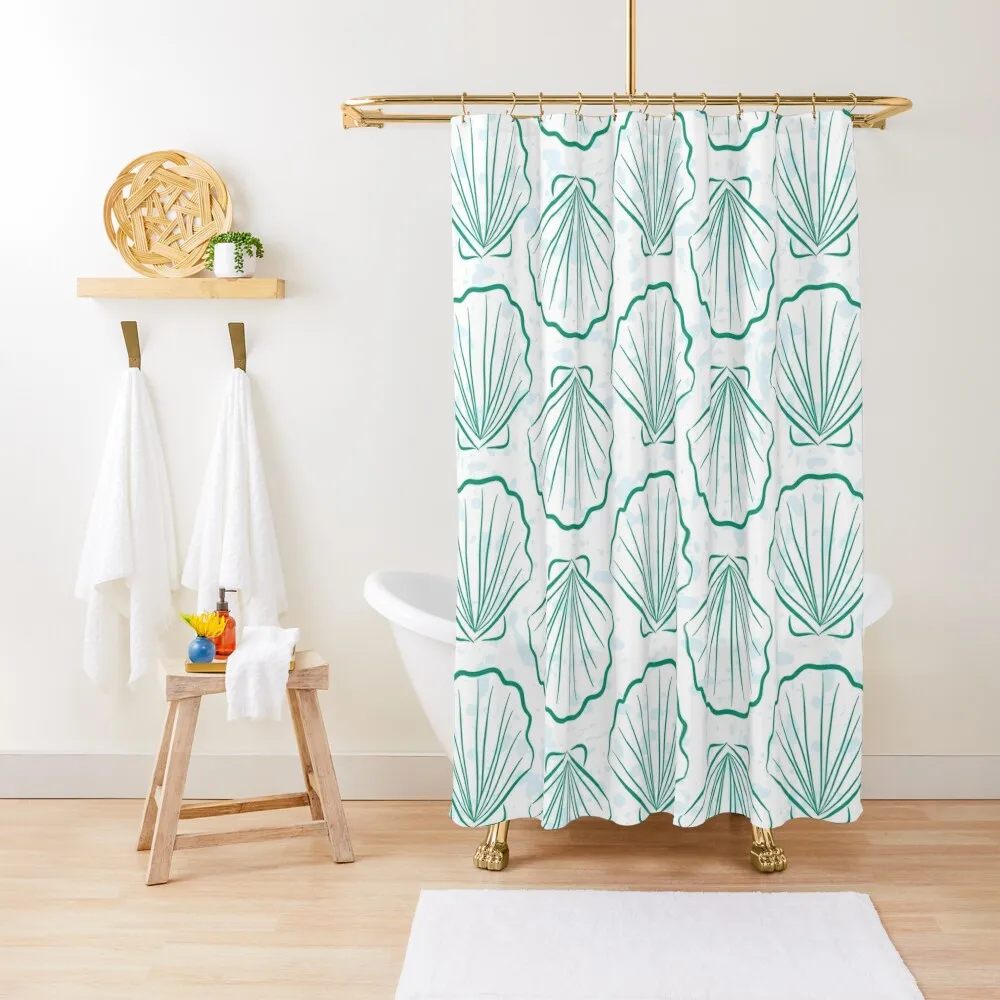 Scallop sea shells illustration. Aqua blue and white. Summer ocean beach print. Shower Curtain