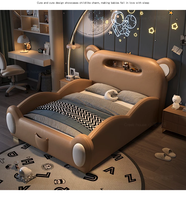 Children's bed, boys' single bed, modern and simple girls' cartoon little bear princess bed, light luxury leather bed, bedroom