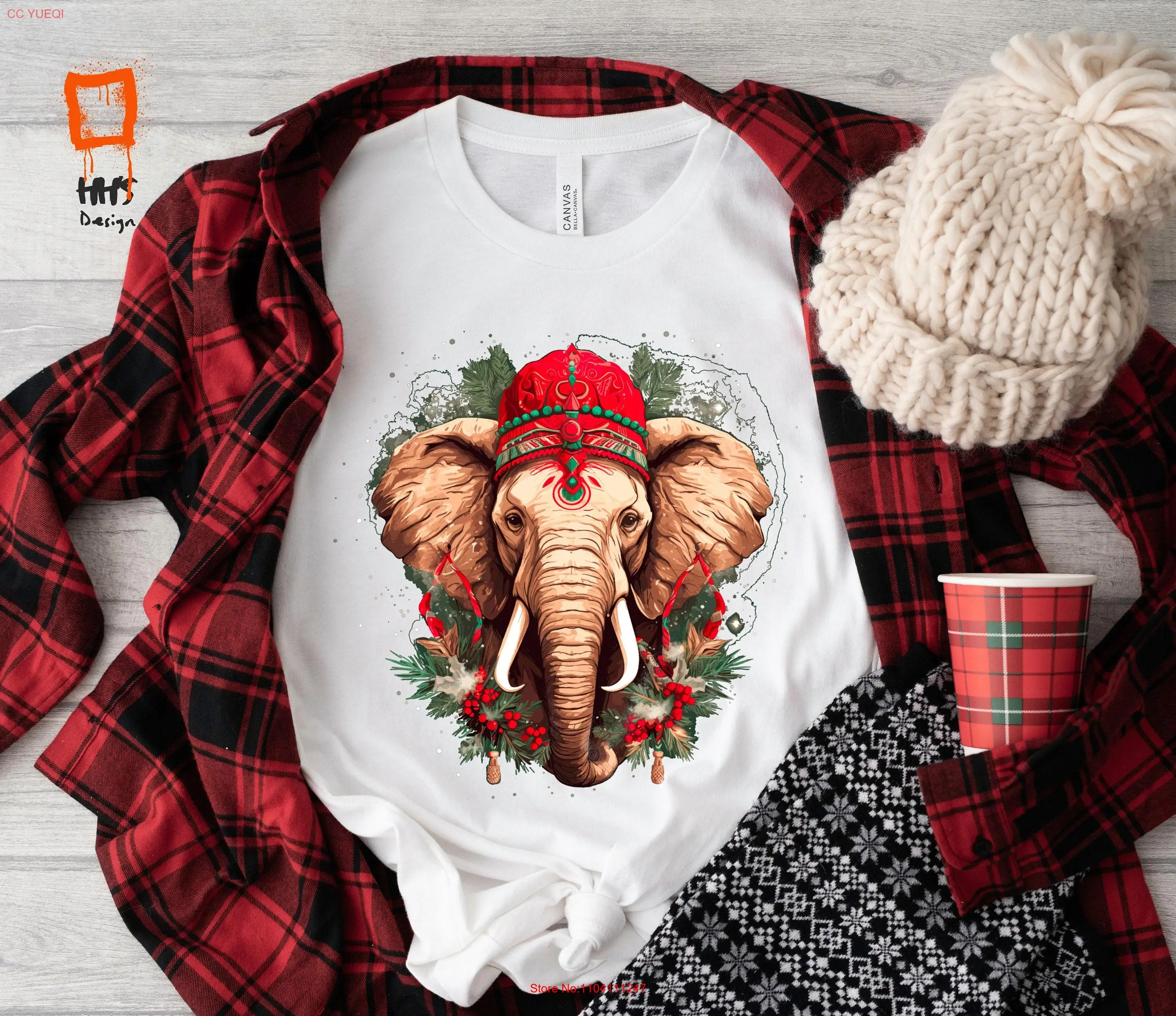 Camiseta navideña de elefante con gorro de Papá Noel, ropa festiva de animales para amantes únicos, ropa de invierno de manga larga o corta