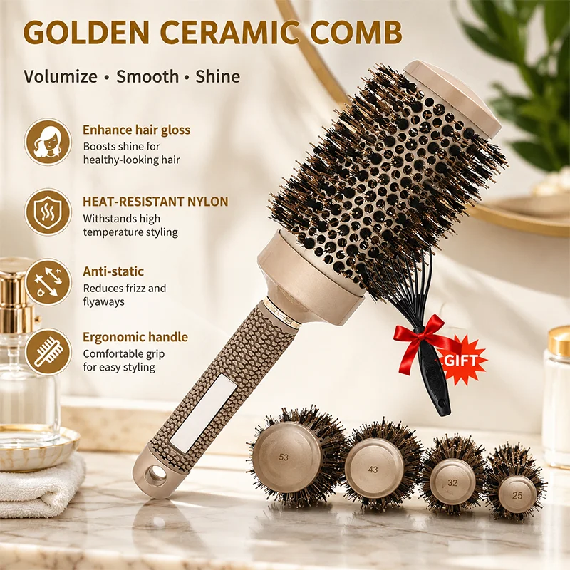 2pcs/set Professional Salon Round Hair Brush Heat-Resistant Rolling Thermal Aluminum Tube Barrel Comb with Mini Cleaner Tools