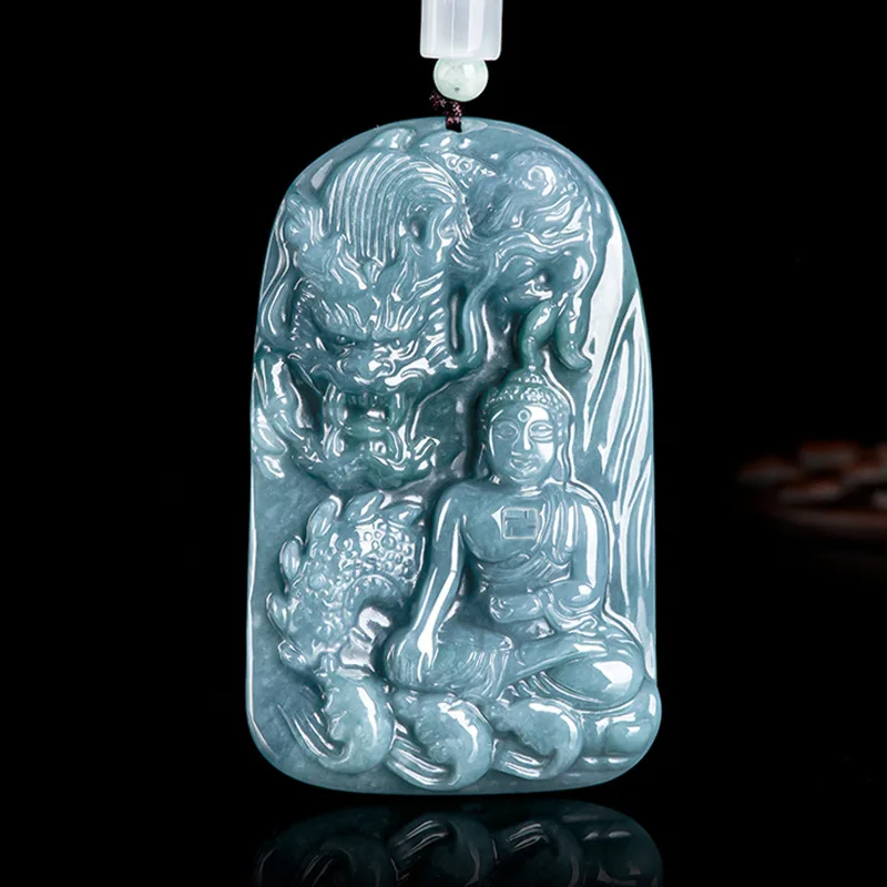 Burmese Jadeite Dragon Buddha Pendant Necklace Vintage Fashion Accessories Stone Real Jewelry Charm Luxury Burmese Jade