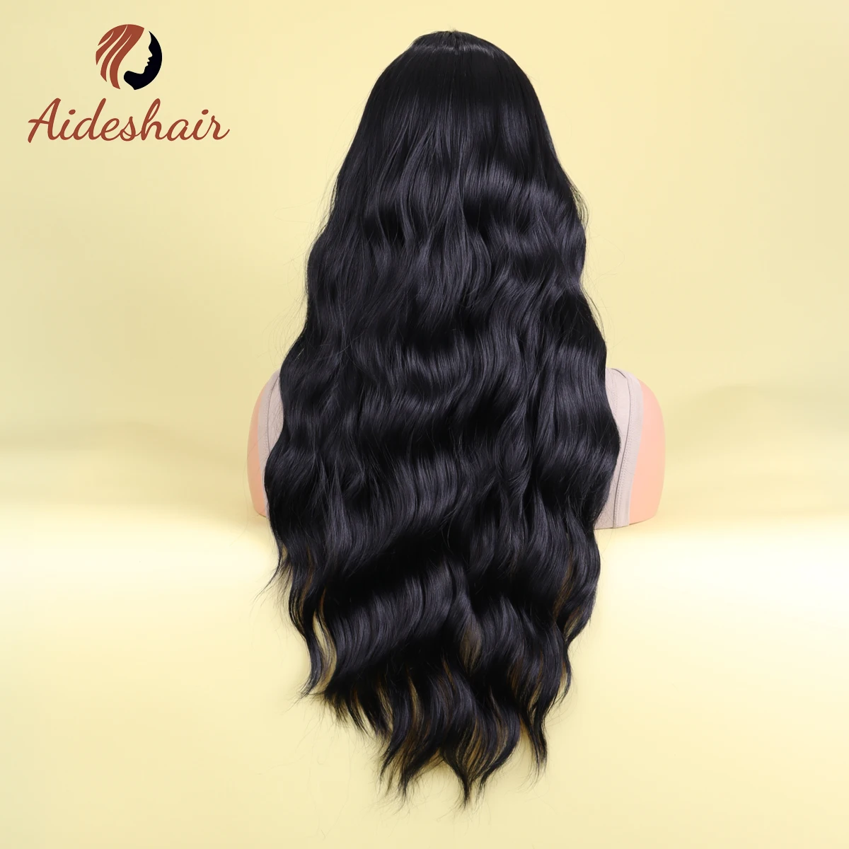 Aideshair Natural black hair bangs long wavy wig Synthetic wig natural realistic highlight wig 26 inches daily use