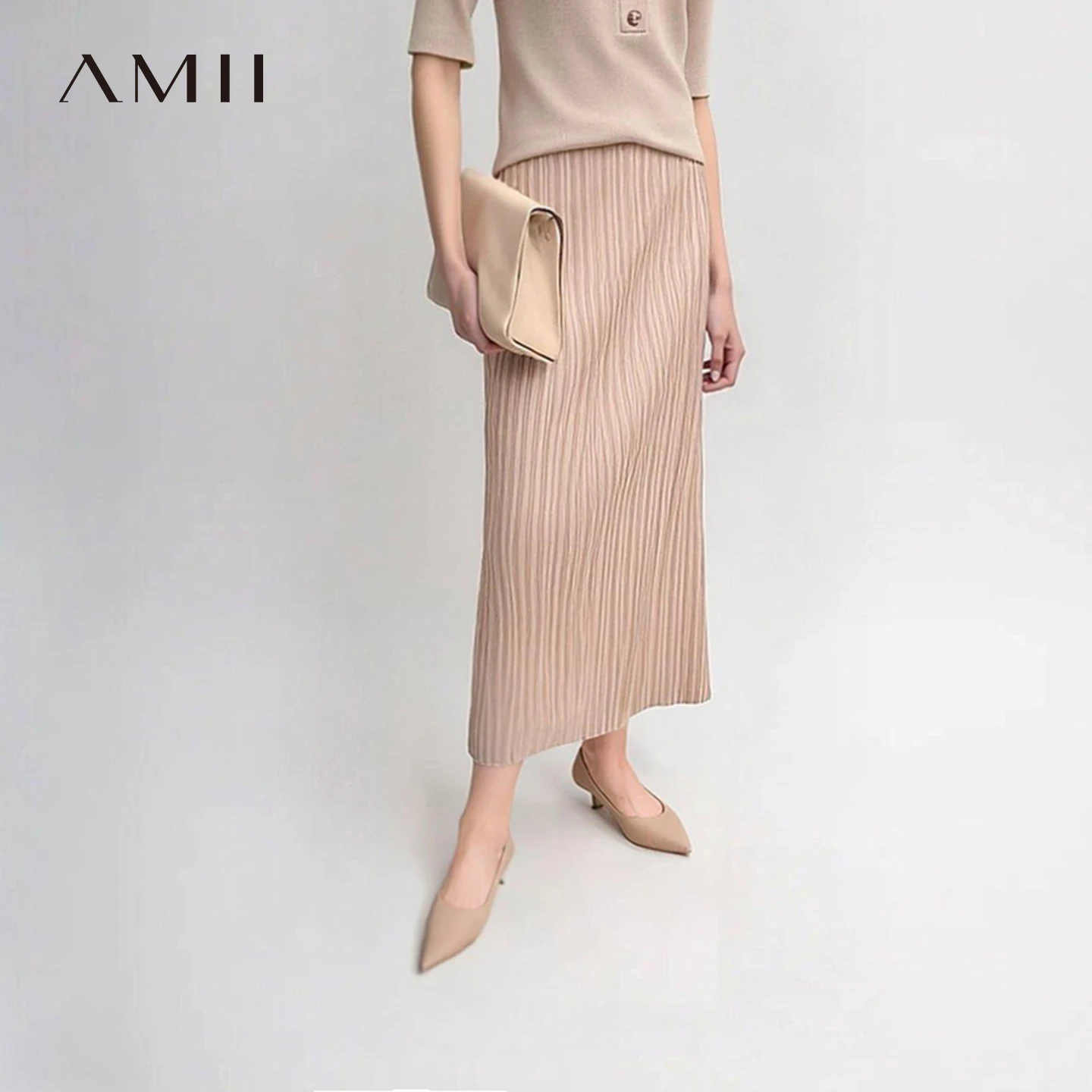 Amii Women's Pleated Skirt 2026 Summer New Flowy Straight Skirt Elastic Waist Versatile Casual Office Women's Clothing 12612034