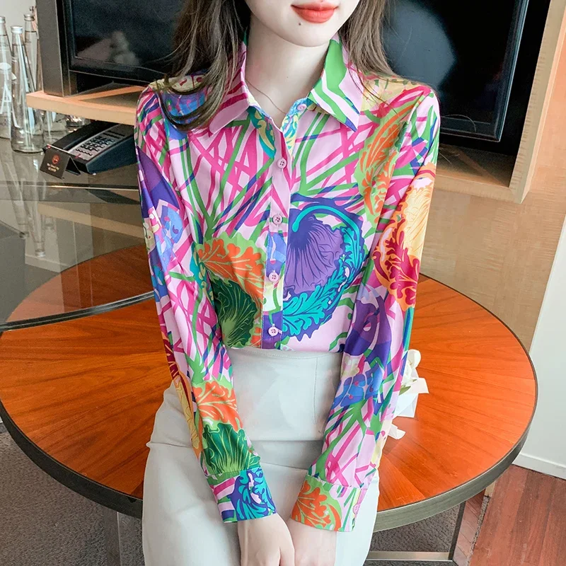 

Satin Vintage Women's Shirts Spring/summer New Prints Women Blouses Loose Long Sleeves Top Fashion Korean Clothing Sales