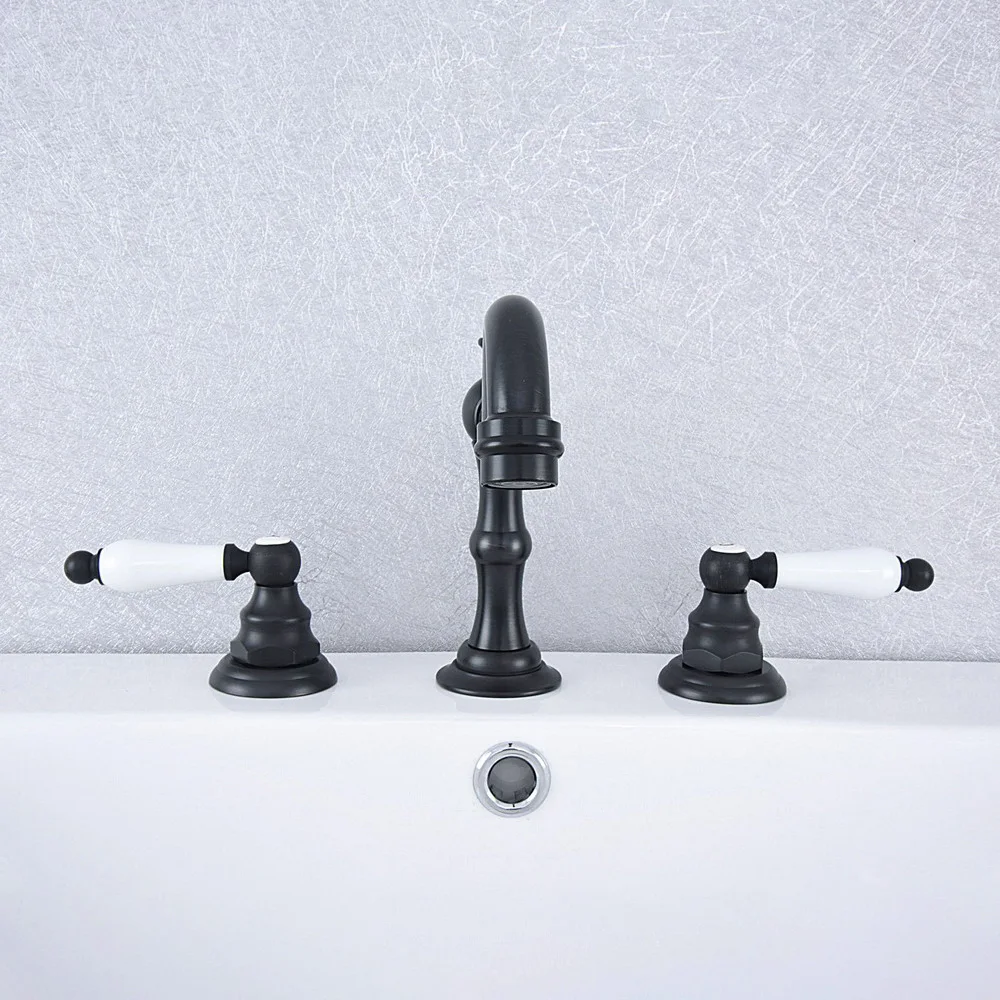 Black Brass Bath Sink Faucet Double Handle Basin Sink Faucet Hot and Cold Water Mixer 3 Hole Bathroom Faucet Nsf542