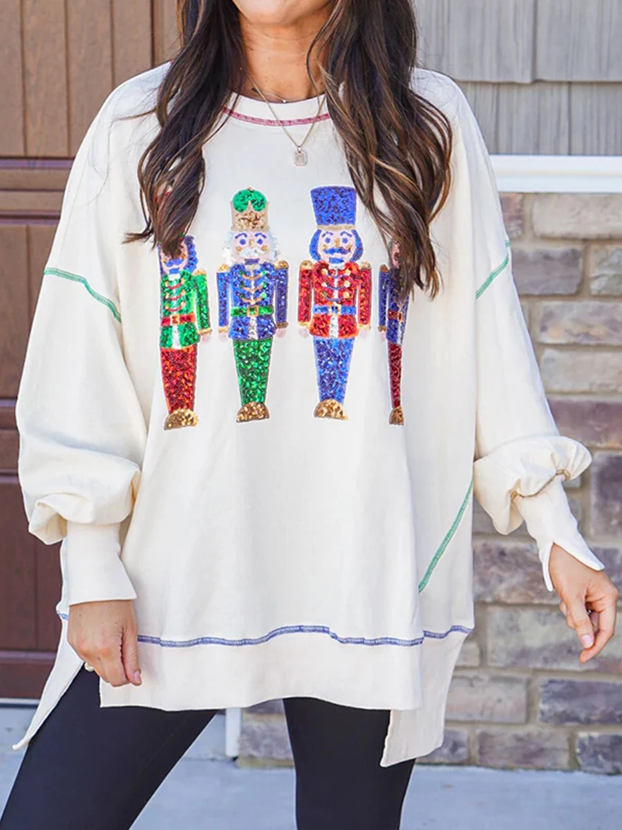 Women Y2k Nutcracker Graphic Sweatshirt Sequin Christmas Sweater Nutcracker Shirt Crewneck Long Sleeve Pullover Jumper Tops