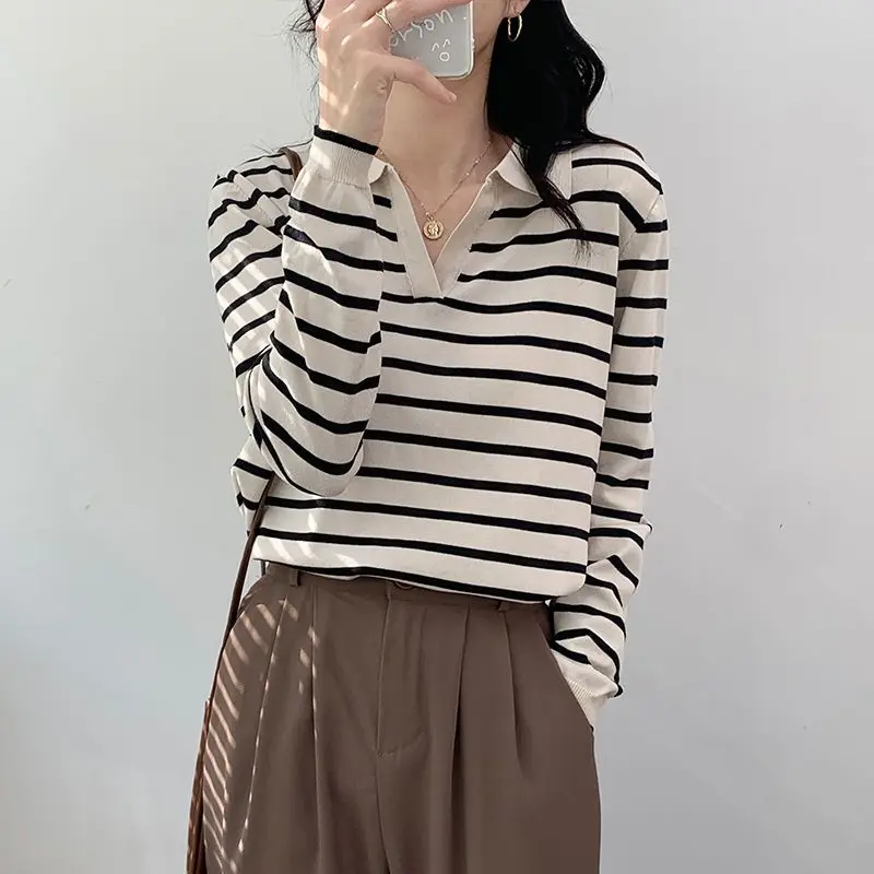 Sleeve T-shirt Old Money Style Pullover Casual Office Lady V-neck Striped Knitted Top Women Autumn Slim Korean Long