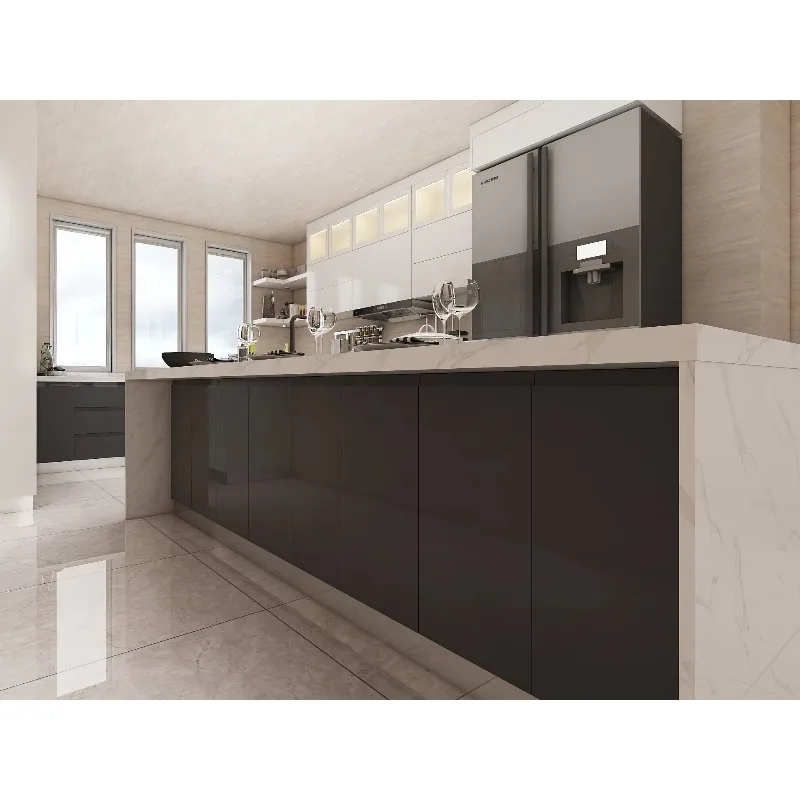 Modern Stylish High Gloss Finish Grey Lacquer Kitchen Cabinets Solid Wood Plywood MDF Includes Sink Backsplash for Apartment Use