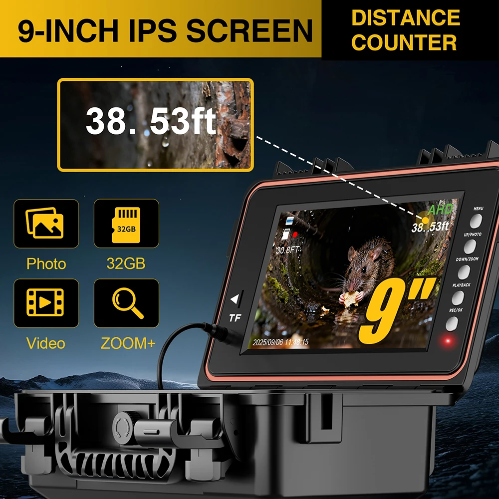 Portable Pull Rod 9 Inch IPS Screen 1080P Sewer Camera 512Hz Self Leveling 7mm Cable Video Pipe Drain Pipeline Inspection Camera