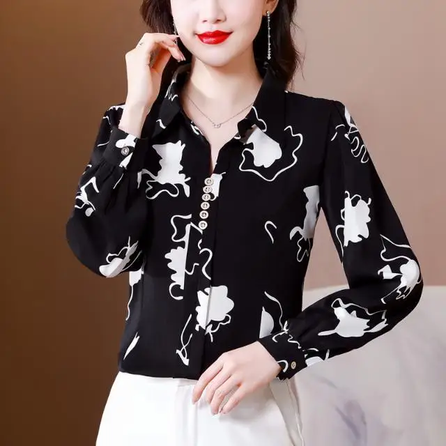 

Women's High-Grade Mother's Top Spring New High-End Stylish Print Blouse Long Sleeve Loose Beautiful