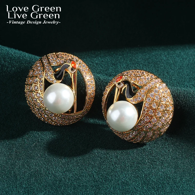 

Винтажные круглые полые серьги-гвоздики золотого цвета с жемчугом и журавлем для женщин, аксессуары, роскошные качественные ювелирные изделия, дизайнерские вечерние формы на каждый день