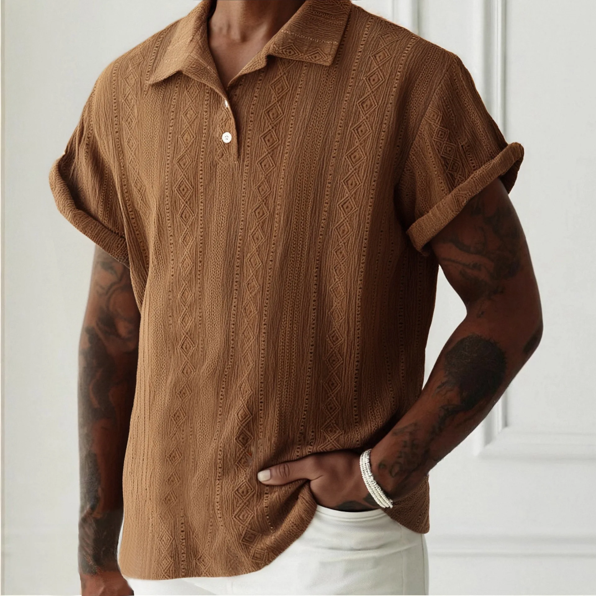 세련된 자카드 텍스처 남성 폴로 셔츠 여름 빈티지 버튼 - Men'S Fashion Polo Shirt 리뷰 및 가격