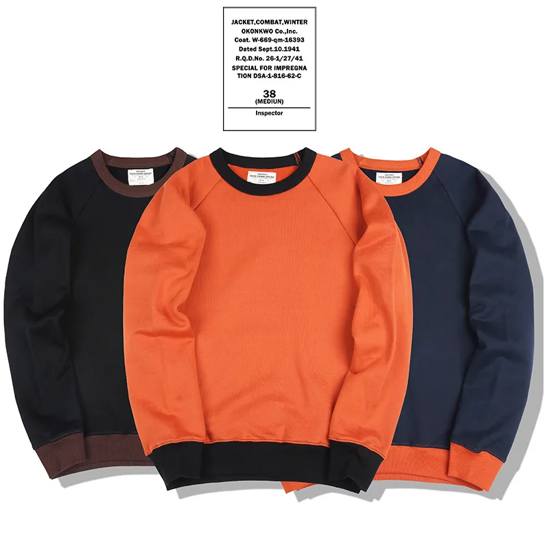 

OKONKWO autumn and winter new 520g heavyweight sweatshirt terry bottom contrast color raglan sleeve pullover sweatshirt