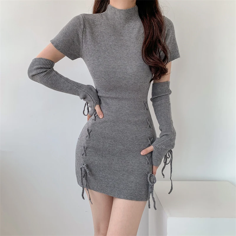 

Korean Sexy Drawstring Mini Knitted Dress 2024 New Half-high Collar Waist Tight Streetwear Hip Wrap Women Sweater Dresses Y2k