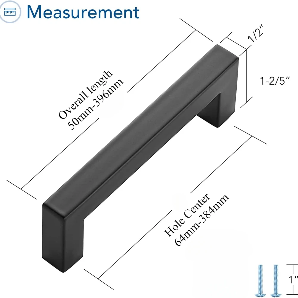 Black Square Stainless Steel Cabinet Pulls 50mm-396mm Kitchen Hardware Drawer Handle 64mm-384mm Hole Center for Home Improvement