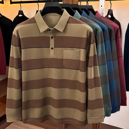 Simple Men Striped Long‑Sleeve Collared Polo Tee Chest Pocket Button Placket Office Spring Fall Casual Shirts