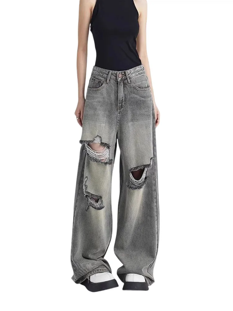 

American Style Y2k Fashion High Waist Wide Leg Pants Women Daily Loose Cozy Ripped Jeans Summer 2000s High Street Denim Trousers