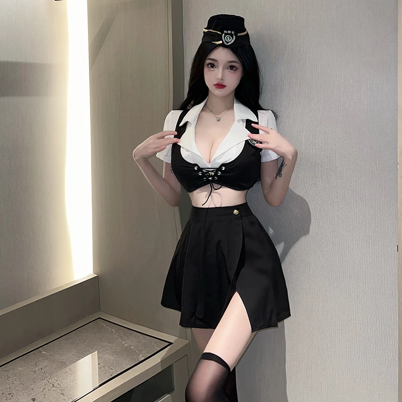 

2023 New Women Sexy Lingerie Anime Cosplay Costume Black Airline Stewardess Uniform Dress Sexy Club Show Skirt Suit Set with Hat