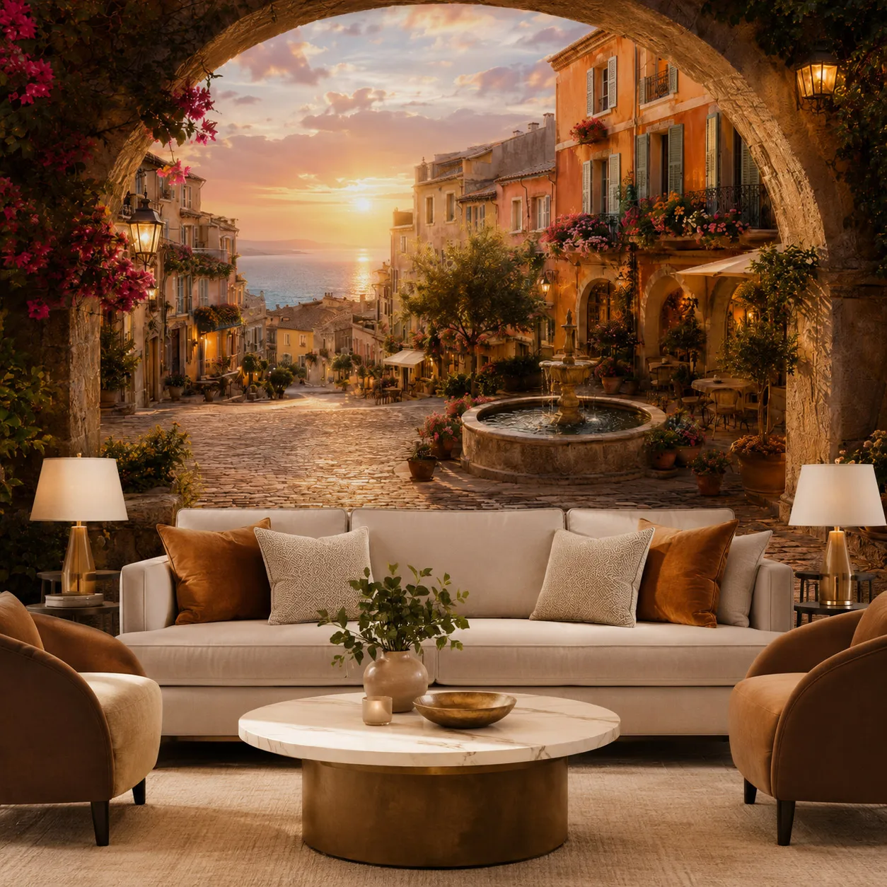 mediterranean-coastal-village-wall-mural-wallpaper-sunset-stone-arch-fountain-living-room-non-self-adhesive-paste-required-decor