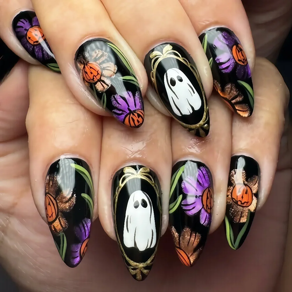 

24 Pcs Halloween Press on Nails Pumpkin Stick-on Nails for Women Holiday Almond False Nails Woman with Tools Prosthetic Nail Set