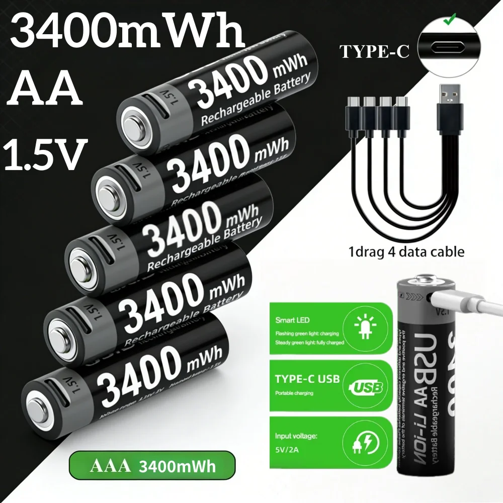 

1.5V AA 3400mAh USB‑C Rechargeable Lithium Battery Fast Charging for Mice, Toys, Locks & Hunting Cameras